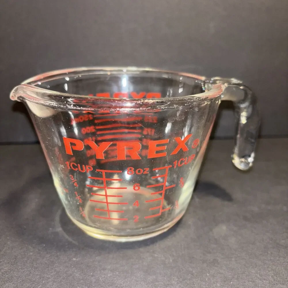 Pyrex 1 Cup Clear Measuring Cup with Red Graphics Oven Safe Made in USA